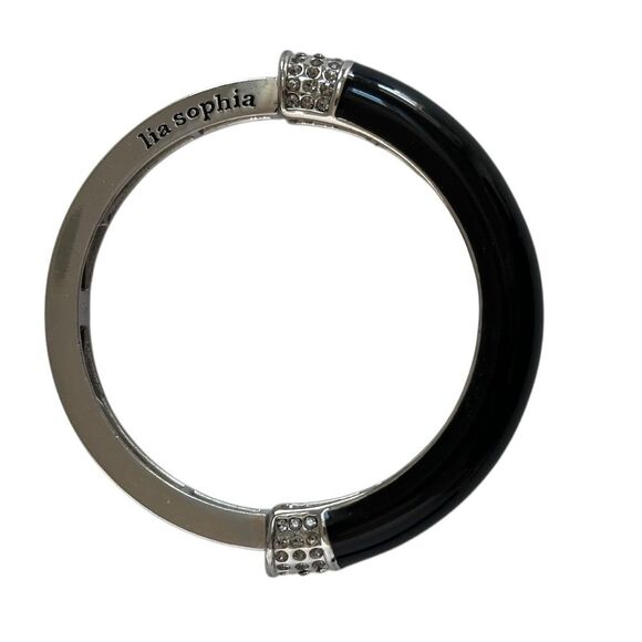 LIA SOPHIA Modern Black Silver Metal Rhinestone Stretch Bangle Bracelet - Picture 1 of 5